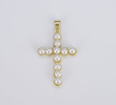 18K Gold Filled Dainty Pearl Cross Charm, Cubic Zirconia Micro Pave Cross Pearl Pendant, Catholic Jewelry for Necklace Bracelet Jewelry Making Supply, CP1549