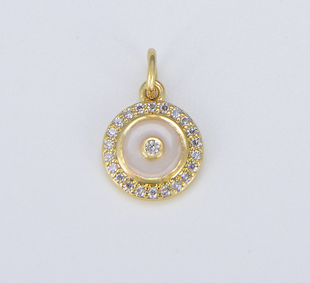 18K Gold White Enamel Round Charm, Dainty Round Disc Pave Charm, Round Disc Charm Medallion for Necklace Bracelet Jewelry Making, CP1560