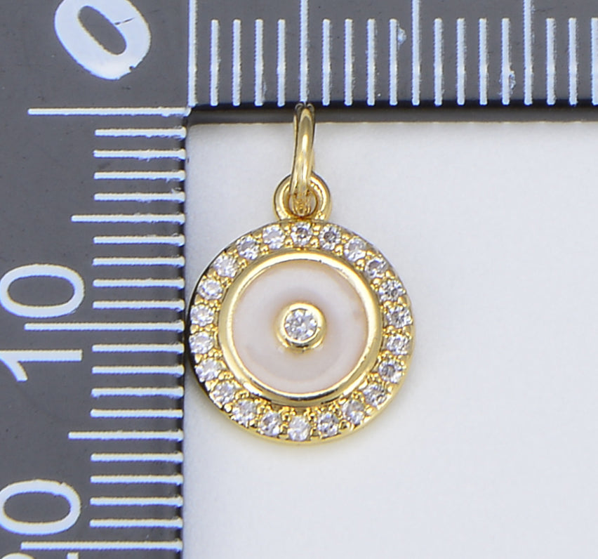 18K Gold White Enamel Round Charm, Dainty Round Disc Pave Charm, Round Disc Charm Medallion for Necklace Bracelet Jewelry Making, CP1560