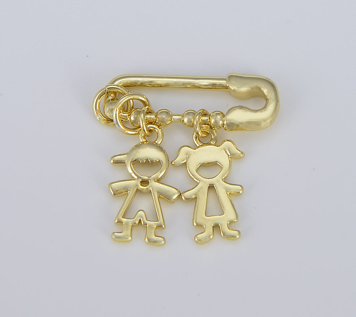 Boy and Girl Safety Pin Brooch Charm, 18K Gold Safety Pin Charm, Baby gift, Kids Charm for Necklace Bracelet Jewelry Making, CP1561