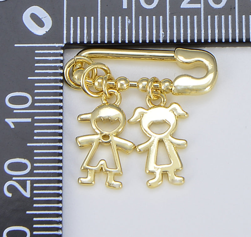 Boy and Girl Safety Pin Brooch Charm, 18K Gold Safety Pin Charm, Baby gift, Kids Charm for Necklace Bracelet Jewelry Making, CP1561