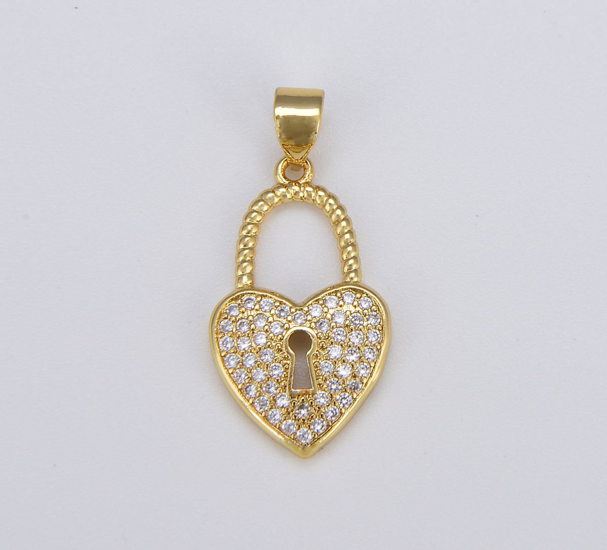 18K Gold Dainty Heart Padlock Charm, Micro Pave Charm Pendant Heart Lock Charm Necklace for Statement Necklace Component, 25x13mm, CP1572