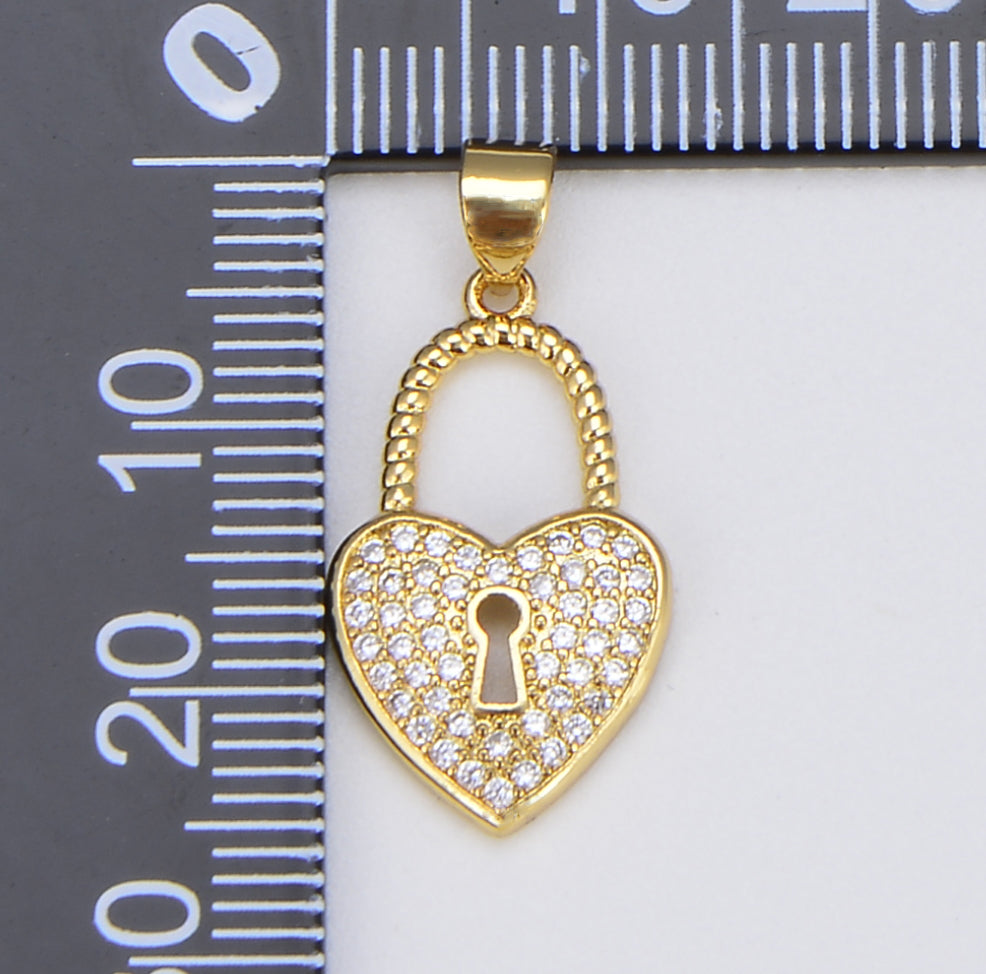 18K Gold Dainty Heart Padlock Charm, Micro Pave Charm Pendant Heart Lock Charm Necklace for Statement Necklace Component, 25x13mm, CP1572