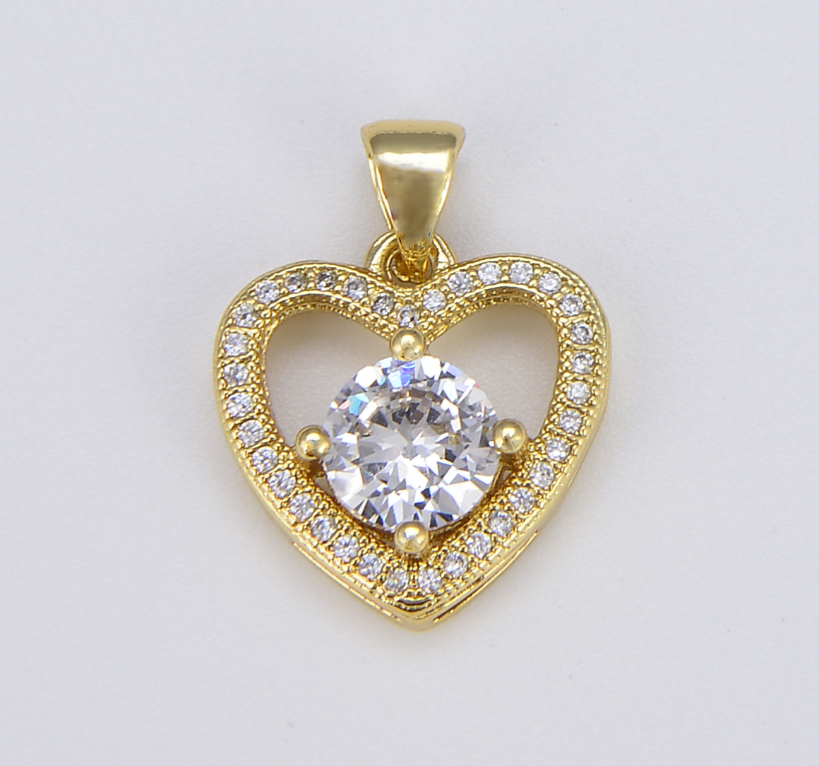 18K Gold CZ Heart Charm, Clear CZ on Heart Shape Pendant for Bracelet Earring Necklace Jewelry Making Supply, 19x15mm, CP1573