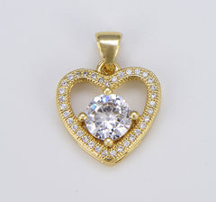 18K Gold CZ Heart Charm, Clear CZ on Heart Shape Pendant for Bracelet Earring Necklace Jewelry Making Supply, 19x15mm, CP1573