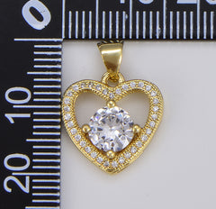 18K Gold CZ Heart Charm, Clear CZ on Heart Shape Pendant for Bracelet Earring Necklace Jewelry Making Supply, 19x15mm, CP1573