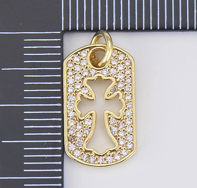 Hollow Cross Tag Charm, 18K Gold Cross Charm, Micro Pave Cross Pendant, Cubic Zirconia Cross for Religious Jewelry Making, 18x10mm, CP1580