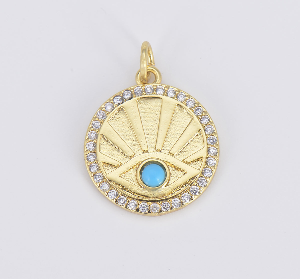 18K Gold Evil Eye Charm, Sunburst Evil Eye Necklace Medallion Pendant Necklace Micro Pave Sun Rays, 21x17mm, CP1581