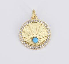 18K Gold Evil Eye Charm, Sunburst Evil Eye Necklace Medallion Pendant Necklace Micro Pave Sun Rays, 21x17mm, CP1581