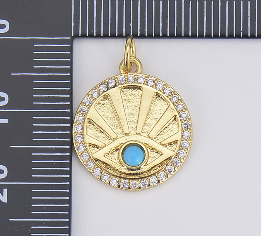 18K Gold Evil Eye Charm, Sunburst Evil Eye Necklace Medallion Pendant Necklace Micro Pave Sun Rays, 21x17mm, CP1581