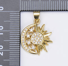 18K Gold Sun and Moon Charm, Micro Pave Celestial Sunshine Charm, Crescent Moon, Sunray Pendant for Necklace Earring Supply, 22x17mm, CP1584