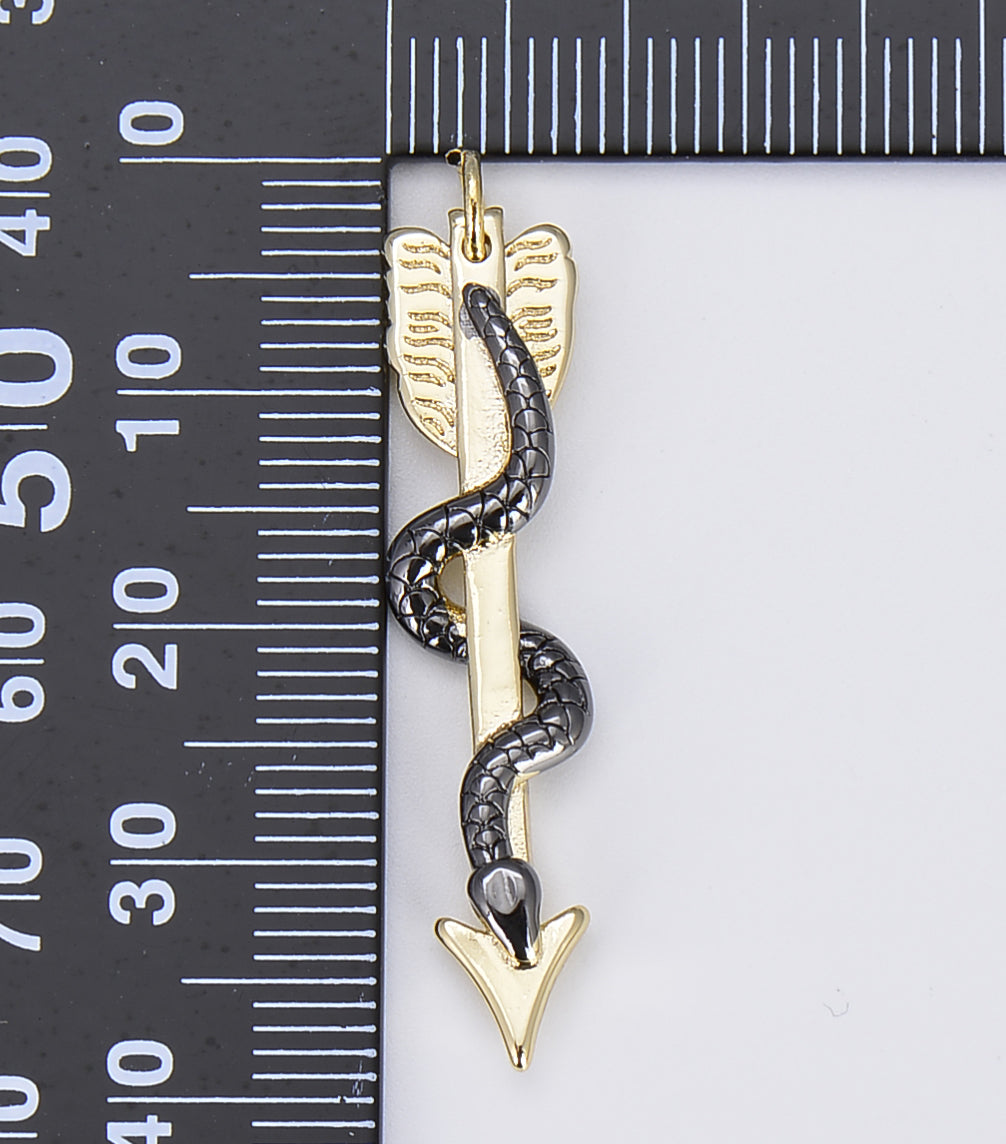 Dainty Gold Arrow with Snake Charm, Black Snake Arrow Pendant, 18K Gold Arrow Pendant for Bracelet Earring Necklace Making, 39x8mm, CP1586