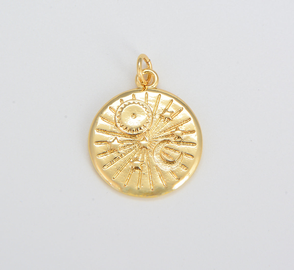 Dainty Gold Celestial Charm, Round Sun Moon Stars Charm Pendant Celestial Medallion Charm for Necklace Bracelet Component, 23x18mm, CP1593