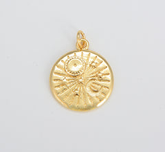 Dainty Gold Celestial Charm, Round Sun Moon Stars Charm Pendant Celestial Medallion Charm for Necklace Bracelet Component, 23x18mm, CP1593