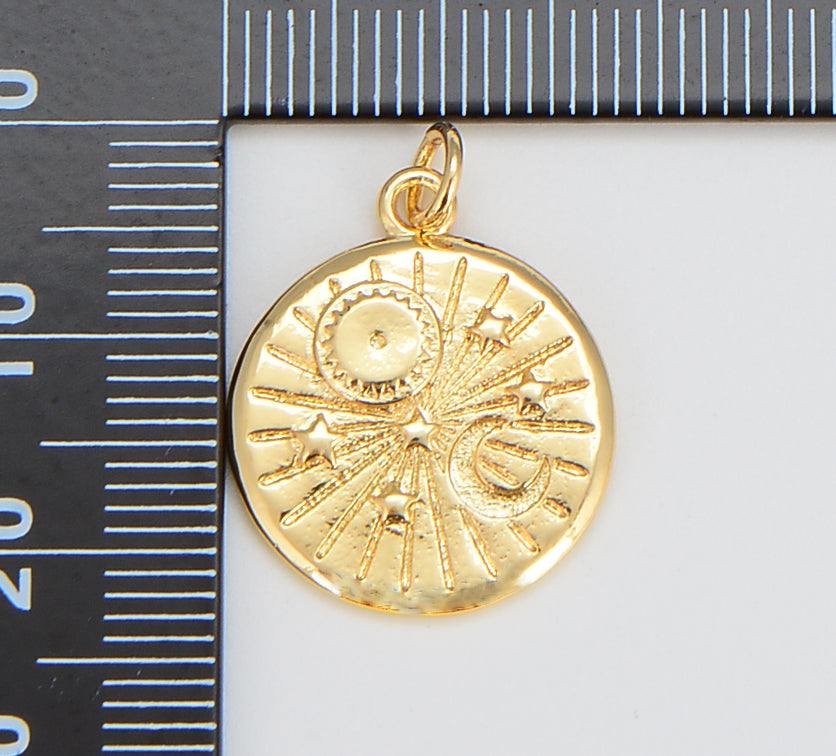 Dainty Gold Celestial Charm, Round Sun Moon Stars Charm Pendant Celestial Medallion Charm for Necklace Bracelet Component, 23x18mm, CP1593