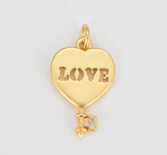 Mini Love Heart Key Charm, Micro Pave Gold Heart Charms, Love Lock Pendant, Key Necklace Bracelet Earring Charm, 22x13mm, CP1594