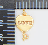 Mini Love Heart Key Charm, Micro Pave Gold Heart Charms, Love Lock Pendant, Key Necklace Bracelet Earring Charm, 22x13mm, CP1594