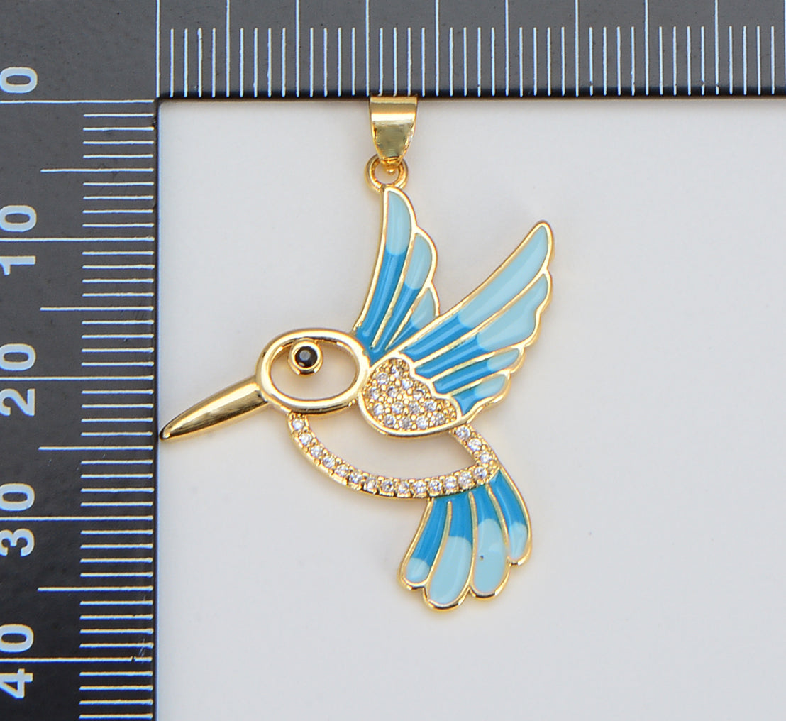 Blue Enamel Gold Hummingbird Charm, Animal Charm, Hummingbird Pendant for Bracelet Necklace Jewelry Making Supply, 36x28mm, CP1597