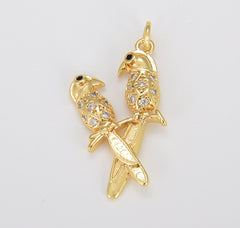 Dainty Love Birds Charm, CZ Gold Bird Charm on Branch Pendant for Necklace Bracelet Jewelry Making, Gift for Her, 29x15mm, CP1608