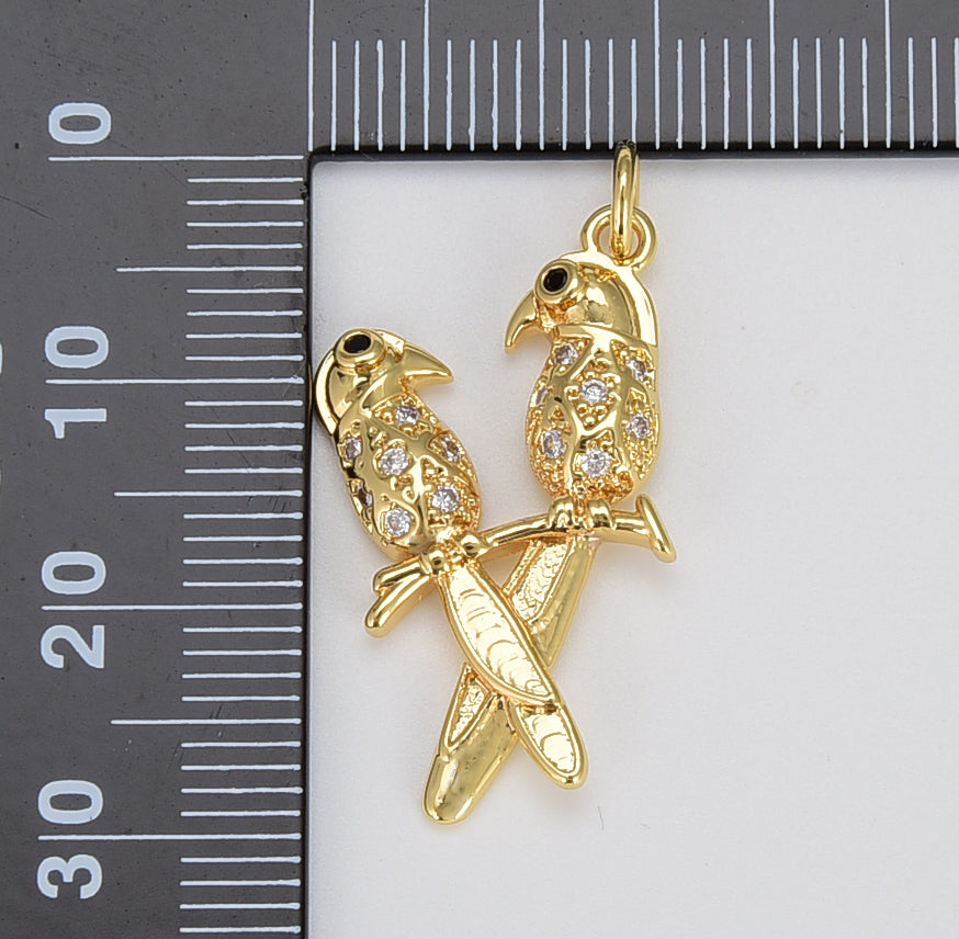 Dainty Love Birds Charm, CZ Gold Bird Charm on Branch Pendant for Necklace Bracelet Jewelry Making, Gift for Her, 29x15mm, CP1608