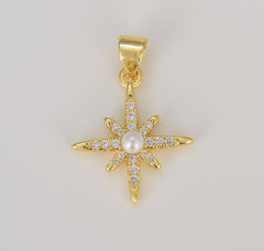 Dainty Gold North Star Charm Necklace, Bethlehem Star Pendant with Pearl in Gold Celestial Jewelry Making Supply, 21x16mm, CP1610