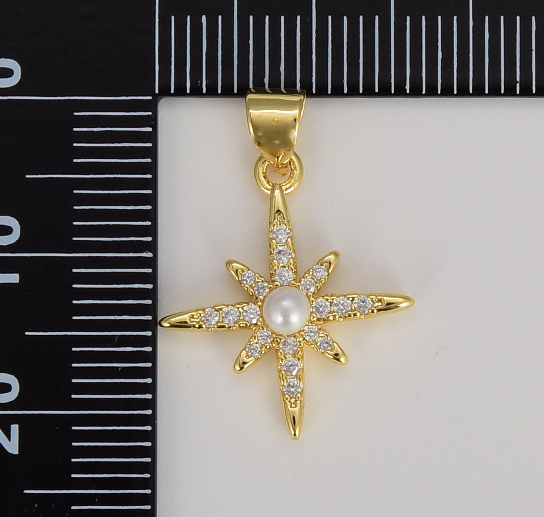 Dainty Gold North Star Charm Necklace, Bethlehem Star Pendant with Pearl in Gold Celestial Jewelry Making Supply, 21x16mm, CP1610