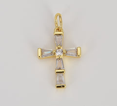 Gold Minimalist Simple Cross Micro Pave Cubic Zirconia Necklace Pendant Bracelet Earring Charm Component for Religious Jewelry, CP1611