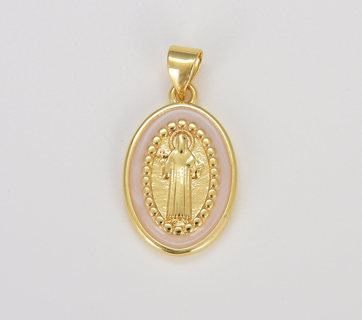 Enamel Saint Benedict Charm Medallion, Santo Benedicto Religious Pendant Gold Prayer Charms Catholic Jewelry Statement Necklace, CP1612