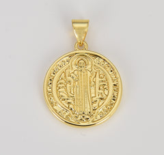 Coin Saint Benedict Charm Medallion Santo Benedicto Religious Pendant Gold Prayer Charms Catholic Jewelry Statement Necklace, 24x18mm CP1613