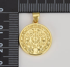 Coin Saint Benedict Charm Medallion Santo Benedicto Religious Pendant Gold Prayer Charms Catholic Jewelry Statement Necklace, 24x18mm CP1613