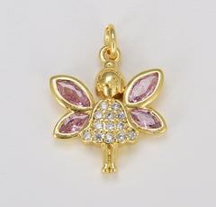 CZ Gold Fairy Charm, Dainty Gold Fairy Charms Micro Pave Charm Fantasy Jewelry for Bracelet Necklace Charm, 20x16mm, CP1614