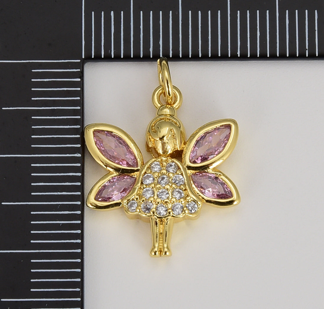 CZ Gold Fairy Charm, Dainty Gold Fairy Charms Micro Pave Charm Fantasy Jewelry for Bracelet Necklace Charm, 20x16mm, CP1614