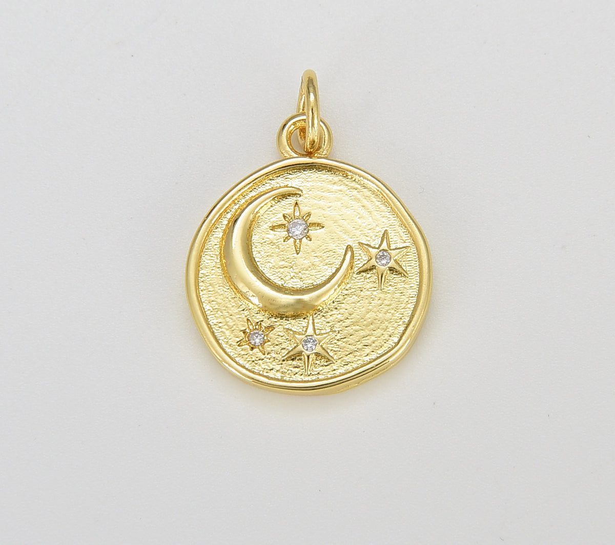 18K Gold Filled Celestial Charm Round Disc Coin Charm Crescent Moon Star Charm for Minimalist Jewelry Design, 15x15mm, CP1624