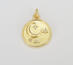 18K Gold Filled Celestial Charm Round Disc Coin Charm Crescent Moon Star Charm for Minimalist Jewelry Design, 15x15mm, CP1624