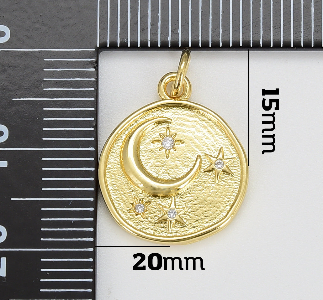 18K Gold Filled Celestial Charm Round Disc Coin Charm Crescent Moon Star Charm for Minimalist Jewelry Design, 15x15mm, CP1624