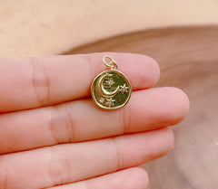 18K Gold Filled Celestial Charm Round Disc Coin Charm Crescent Moon Star Charm for Minimalist Jewelry Design, 15x15mm, CP1624