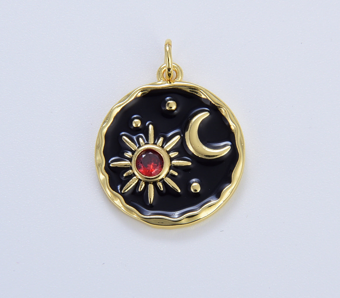 18K Gold Filled Black Enamel Sun and Moon Charm, Micro Pave Celestial Sunshine Charm, Crescent Moon, Sunray Pendant for Necklace Earring Supply, CP1634