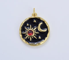 18K Gold Filled Black Enamel Sun and Moon Charm, Micro Pave Celestial Sunshine Charm, Crescent Moon, Sunray Pendant for Necklace Earring Supply, CP1634