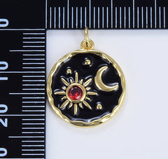 18K Gold Filled Black Enamel Sun and Moon Charm, Micro Pave Celestial Sunshine Charm, Crescent Moon, Sunray Pendant for Necklace Earring Supply, CP1634