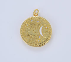 Enamel Celestial Charm, Gold Round Coin Disc Sun Moon and Star Pendant, Celestial Medallion Charm for Necklace Bracelet Component, CP1636