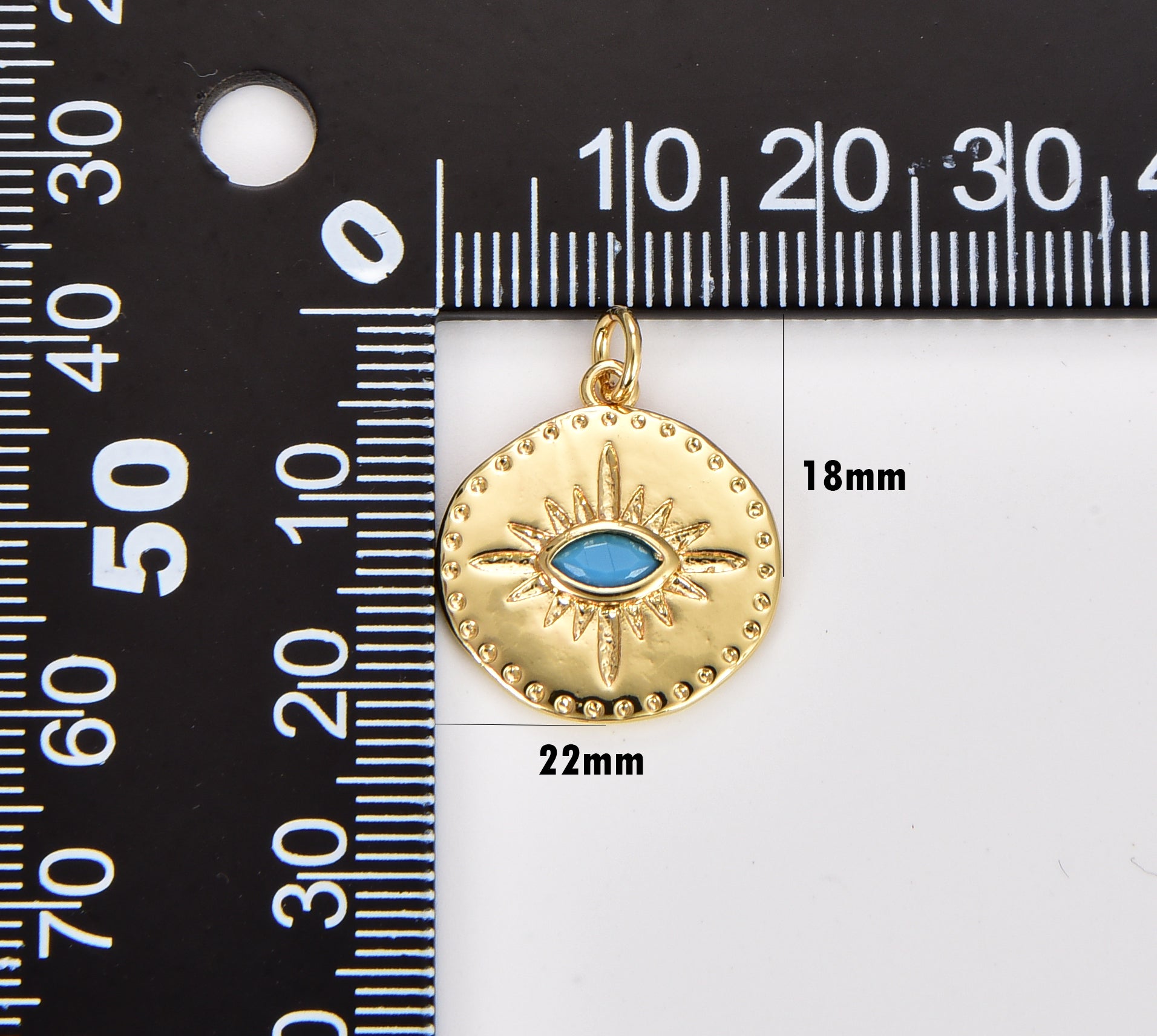 Gold Evil Eye Charm Necklace Blue Eye for Amulet Jewelry, Dainty Evil Eye Charm, Gold Filled Medallion with Cubic Pendant, 22x18mm, CP1641