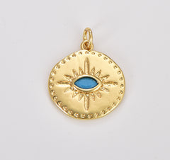 Gold Evil Eye Charm Necklace Blue Eye for Amulet Jewelry, Dainty Evil Eye Charm, Gold Filled Medallion with Cubic Pendant, 22x18mm, CP1641