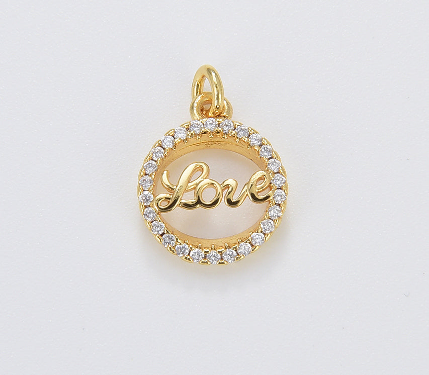 Cursive Love Charm, Gold Filled Love Word Pendant, Round Love Pendant for Necklace Bracelet Earring Component Supply, 13x11mm, CP1647