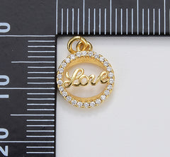 Cursive Love Charm, Gold Filled Love Word Pendant, Round Love Pendant for Necklace Bracelet Earring Component Supply, 13x11mm, CP1647