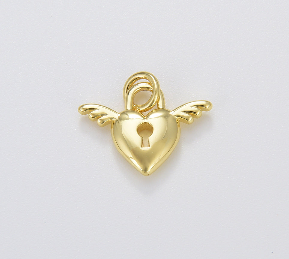 Dainty Heart Lock Charm with Angel Wings Cherub, Tiny Heart Lock with Key Hole Pendant in Gold Filled for Jewelry Making Supply, CP1657