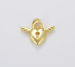 Dainty Heart Lock Charm with Angel Wings Cherub, Tiny Heart Lock with Key Hole Pendant in Gold Filled for Jewelry Making Supply, CP1657