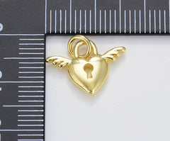 Dainty Heart Lock Charm with Angel Wings Cherub, Tiny Heart Lock with Key Hole Pendant in Gold Filled for Jewelry Making Supply, CP1657