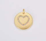 Dainty Gold Round Coin Heart Charm, Micro Pave CZ Heart Pendant, Valentines Gift, Gold Filled Love Charm for DIY Jewelry Making, CP1659