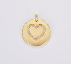 Dainty Gold Round Coin Heart Charm, Micro Pave CZ Heart Pendant, Valentines Gift, Gold Filled Love Charm for DIY Jewelry Making, CP1659