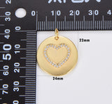 Dainty Gold Round Coin Heart Charm, Micro Pave CZ Heart Pendant, Valentines Gift, Gold Filled Love Charm for DIY Jewelry Making, CP1659